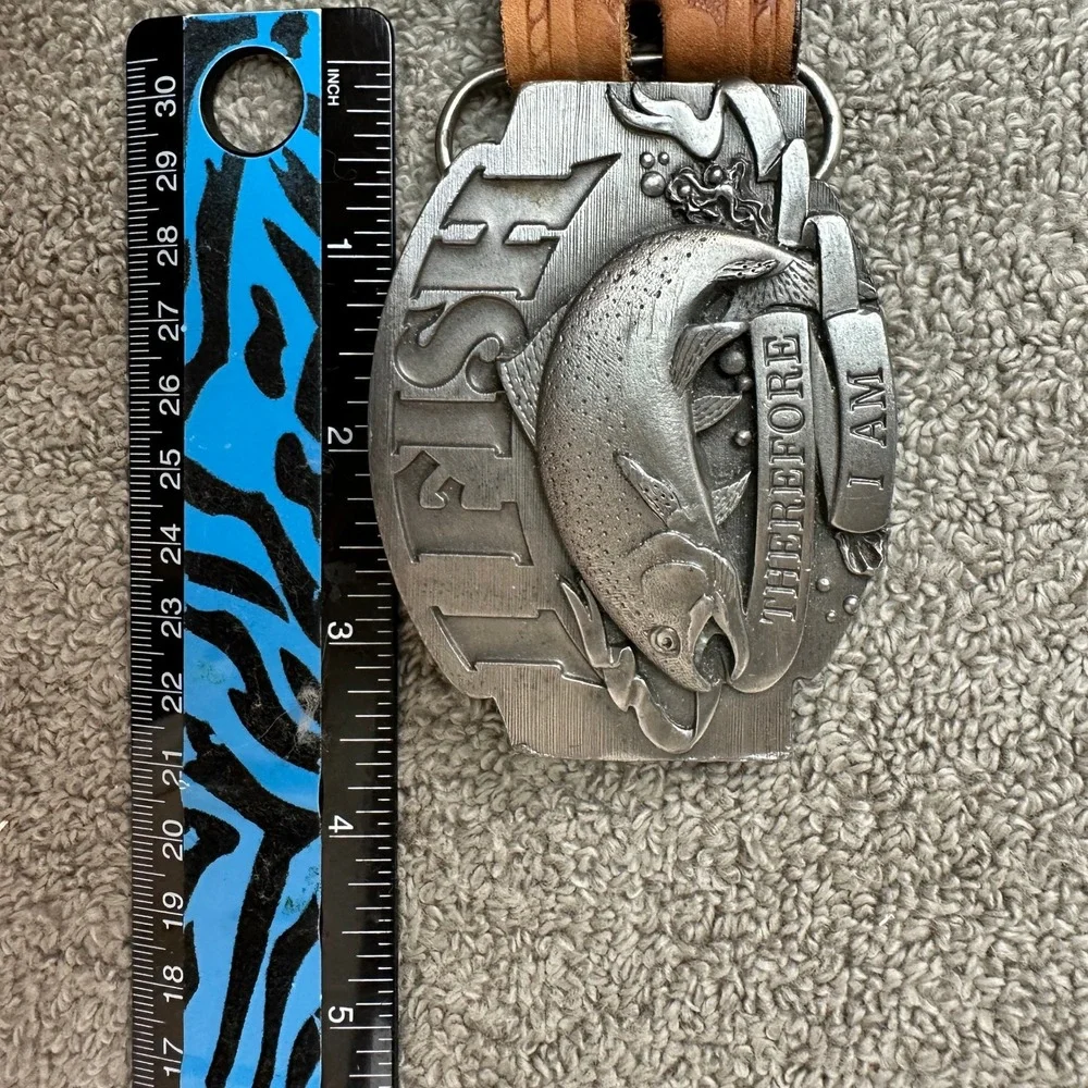 Siskiyou 1992 I Fish Therefore I Am Pewter Buckle JM Leather Floral Belt 42